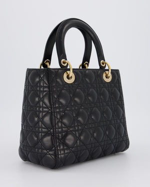 Christian Dior Black Medium Lady Dior Bag in Lambskin Leather with Gold Hardware