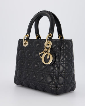 Christian Dior Black Medium Lady Dior Bag in Lambskin Leather with Gold Hardware