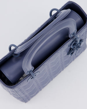 Christian Dior Blue Medium Lady Dior Bag in Ultra Matte Diamond Motif Calfskin Cannage Leather with Blue Hardware