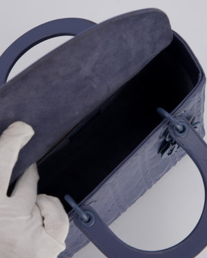 Christian Dior Blue Medium Lady Dior Bag in Ultra Matte Diamond Motif Calfskin Cannage Leather with Blue Hardware