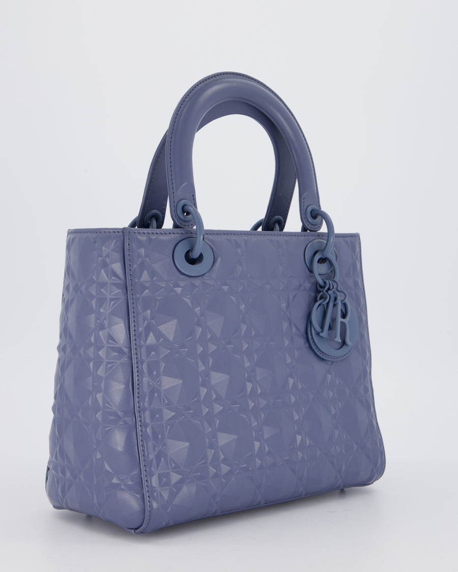 Christian Dior Blue Medium Lady Dior Bag in Ultra Matte Diamond Motif Calfskin Cannage Leather with Blue Hardware