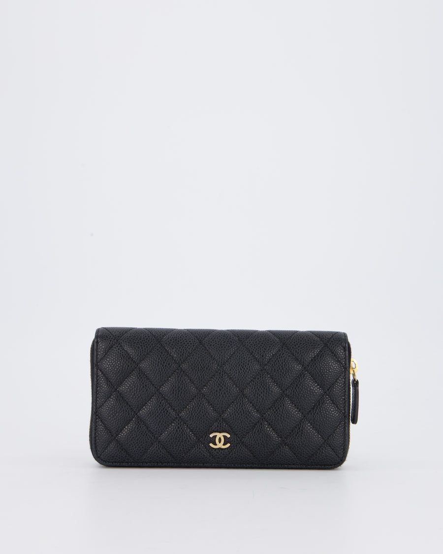 Chanel Black Long Wallet In Caviar Leather with Champagne Gold Hardware
