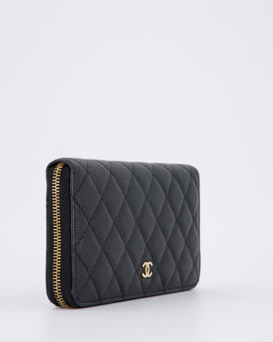 Chanel Black Long Wallet In Caviar Leather with Champagne Gold Hardware