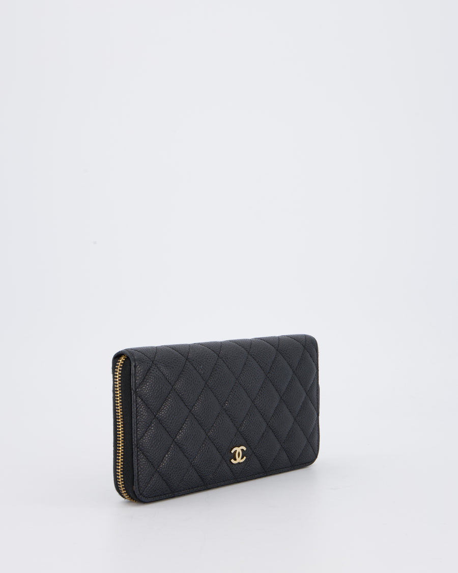 Chanel Black Long Wallet In Caviar Leather with Champagne Gold Hardware