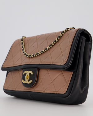 Chanel Black & Nude Medium Single Flap Bag in Lambskin Leather with Champagne Gold Hardware