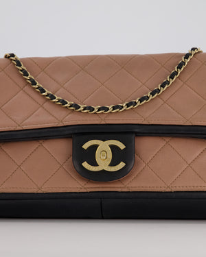 Chanel Black & Nude Medium Single Flap Bag in Lambskin Leather with Champagne Gold Hardware