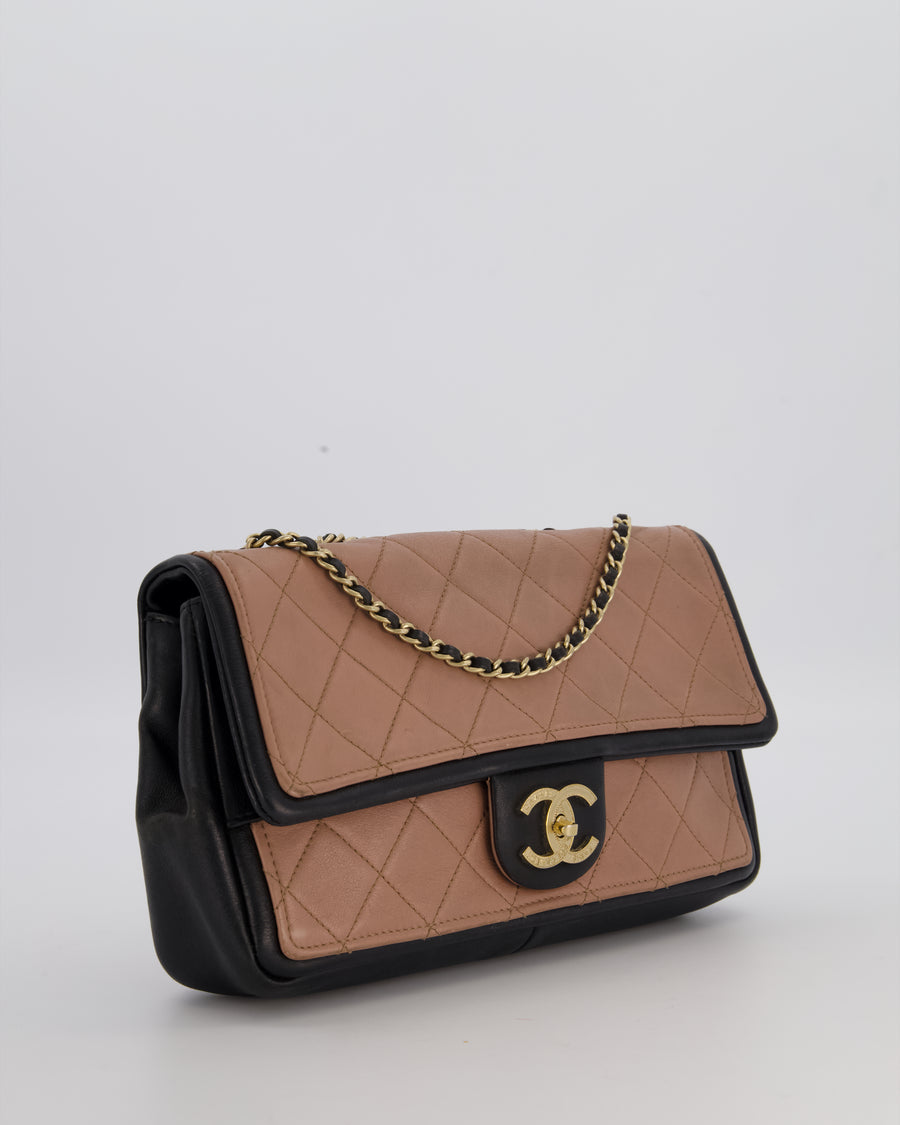 Chanel Black & Nude Medium Single Flap Bag in Lambskin Leather with Champagne Gold Hardware