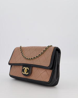 Chanel Black & Nude Medium Single Flap Bag in Lambskin Leather with Champagne Gold Hardware