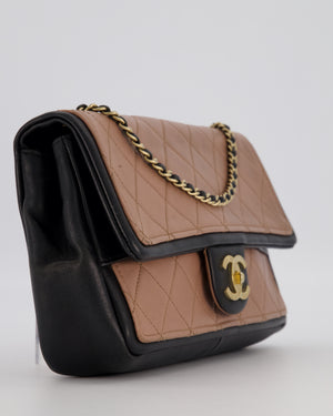 Chanel Black & Nude Medium Single Flap Bag in Lambskin Leather with Champagne Gold Hardware