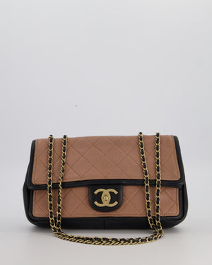 Chanel Black & Nude Medium Single Flap Bag in Lambskin Leather with Champagne Gold Hardware