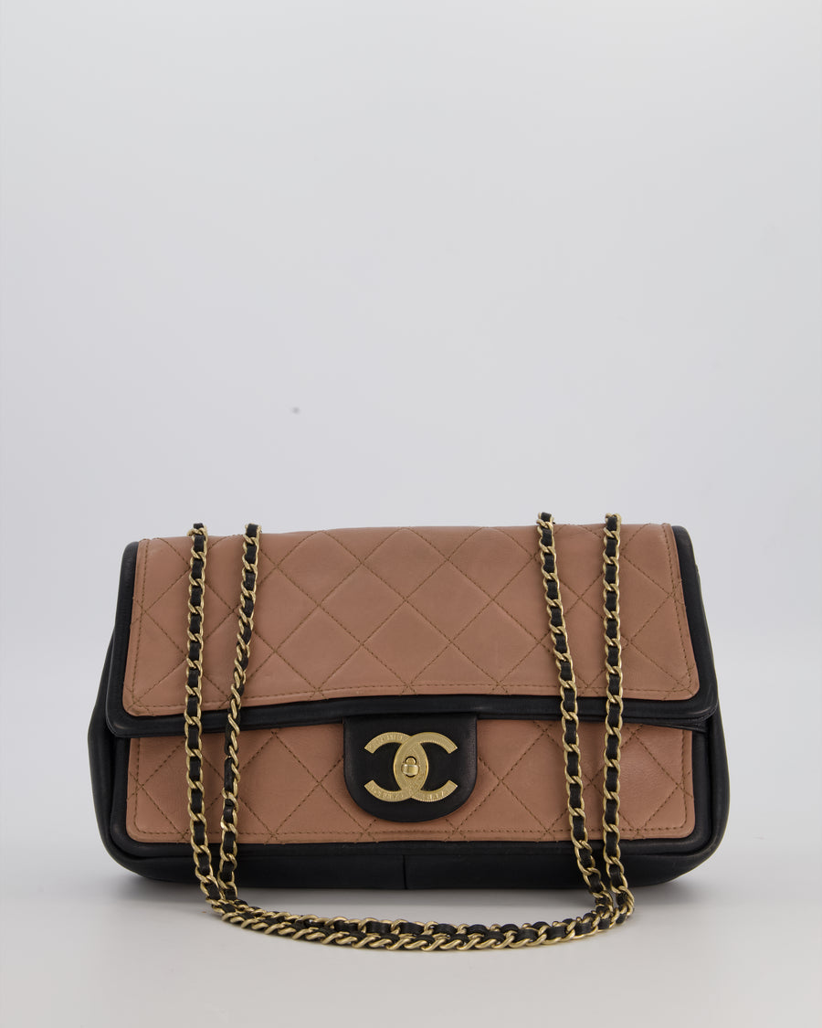 Chanel Black & Nude Medium Single Flap Bag in Lambskin Leather with Champagne Gold Hardware