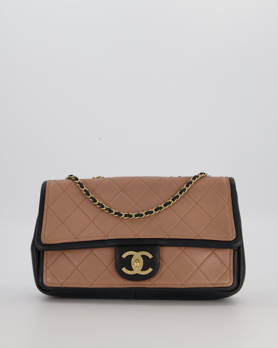 Chanel Black & Nude Medium Single Flap Bag in Lambskin Leather with Champagne Gold Hardware