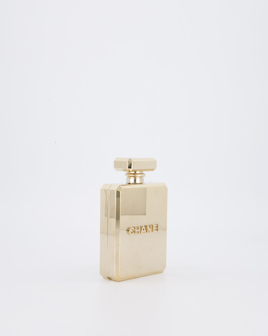 Chanel 2022 Gold Minaudière Perfume Bottle with Chanel CC Logo and Letter Details