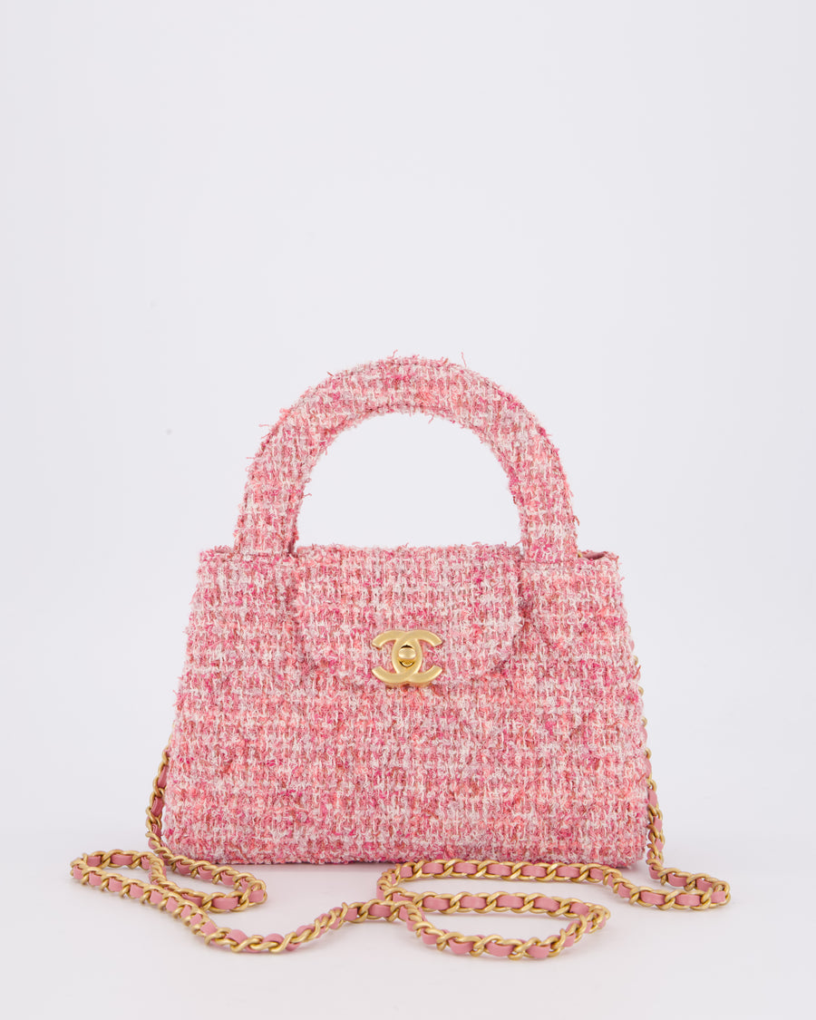 Chanel Small Mini Kelly Shopping Bag in Pink Tweed with Brushed Gold Hardware