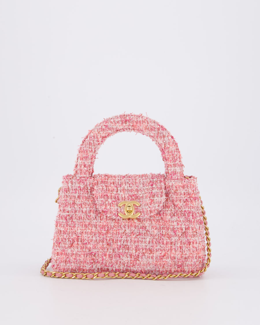 Chanel Small Mini Kelly Shopping Bag in Pink Tweed with Brushed Gold Hardware