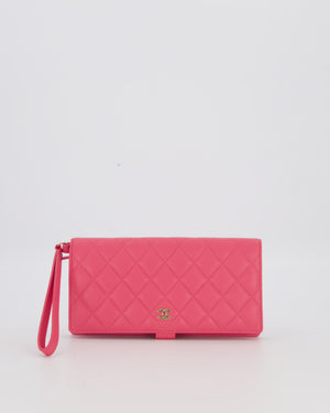 Chanel Hot Pink Long Wallet In Caviar Leather with Champagne Gold Hardware with Wristlet Detail