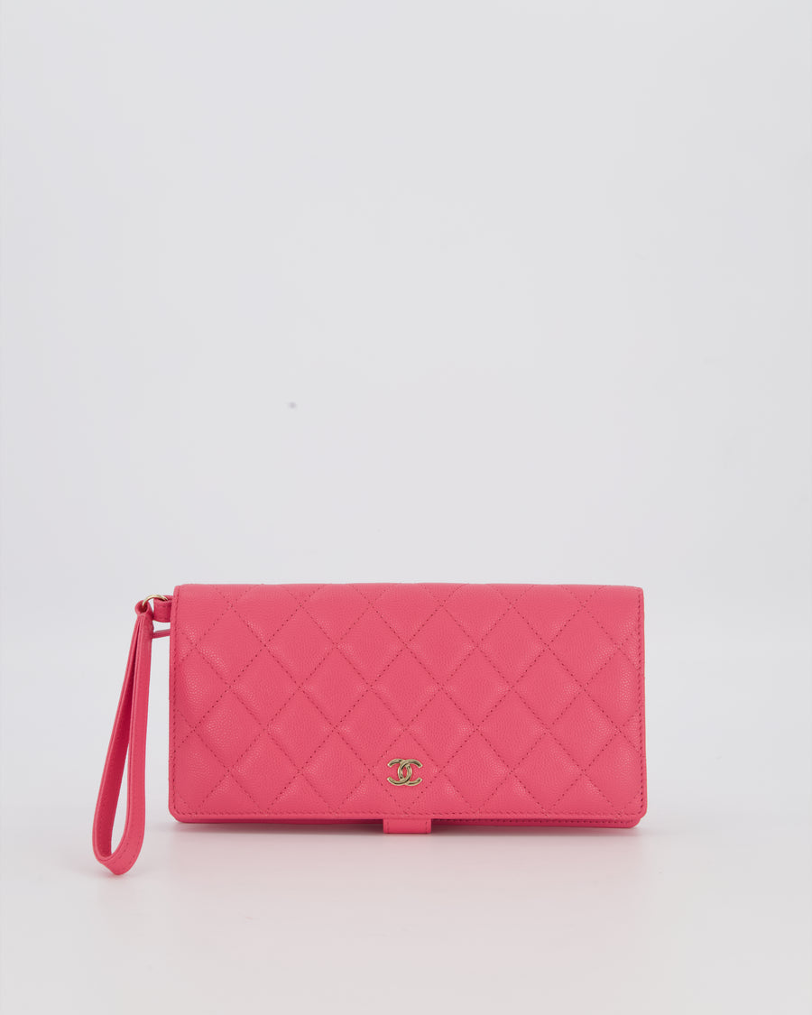 Chanel Hot Pink Long Wallet In Caviar Leather with Champagne Gold Hardware with Wristlet Detail