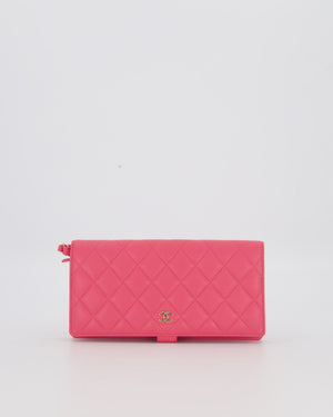 Chanel Hot Pink Long Wallet In Caviar Leather with Champagne Gold Hardware with Wristlet Detail