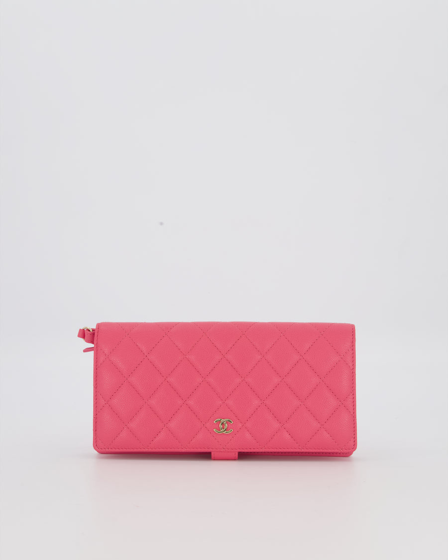 Chanel Hot Pink Long Wallet In Caviar Leather with Champagne Gold Hardware with Wristlet Detail