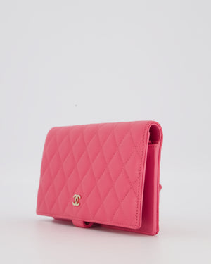 Chanel Hot Pink Long Wallet In Caviar Leather with Champagne Gold Hardware with Wristlet Detail
