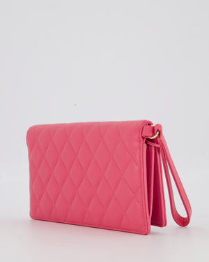 Chanel Hot Pink Long Wallet In Caviar Leather with Champagne Gold Hardware with Wristlet Detail