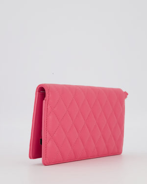 Chanel Hot Pink Long Wallet In Caviar Leather with Champagne Gold Hardware with Wristlet Detail