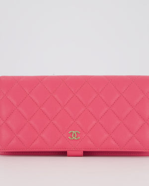 Chanel Hot Pink Long Wallet In Caviar Leather with Champagne Gold Hardware with Wristlet Detail