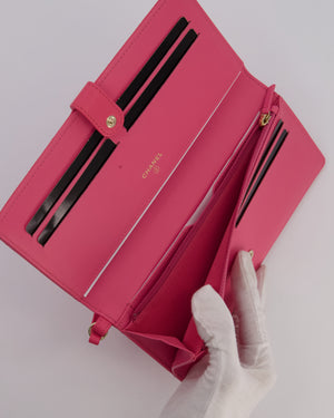 Chanel Hot Pink Long Wallet In Caviar Leather with Champagne Gold Hardware with Wristlet Detail