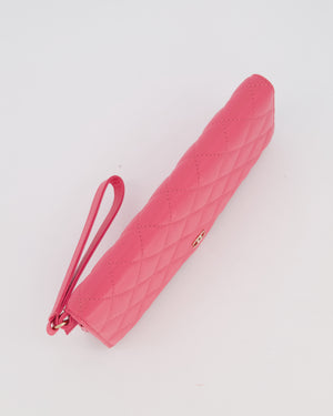 Chanel Hot Pink Long Wallet In Caviar Leather with Champagne Gold Hardware with Wristlet Detail