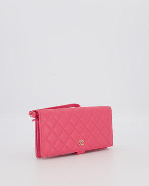 Chanel Hot Pink Long Wallet In Caviar Leather with Champagne Gold Hardware with Wristlet Detail