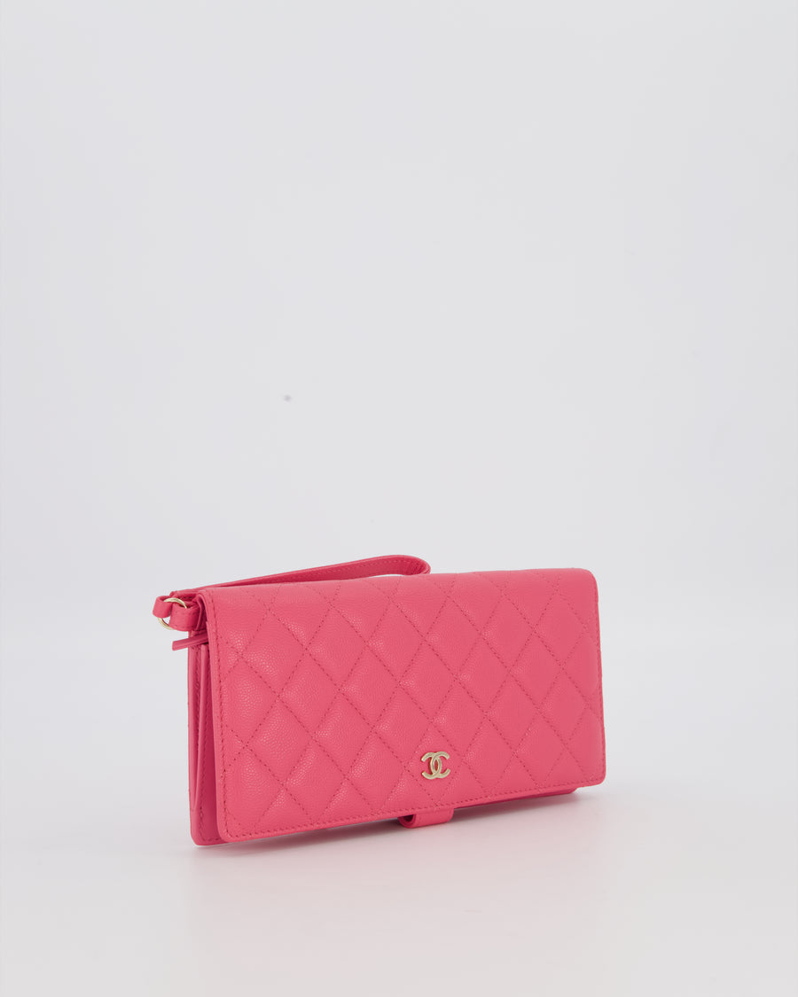 Chanel Hot Pink Long Wallet In Caviar Leather with Champagne Gold Hardware with Wristlet Detail