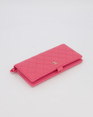 Chanel Hot Pink Long Wallet In Caviar Leather with Champagne Gold Hardware with Wristlet Detail