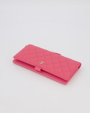 Chanel Hot Pink Long Wallet In Caviar Leather with Champagne Gold Hardware with Wristlet Detail