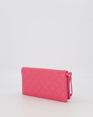 Chanel Hot Pink Long Wallet In Caviar Leather with Champagne Gold Hardware with Wristlet Detail
