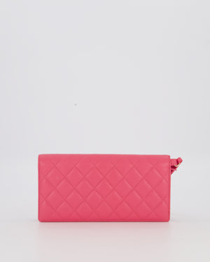 Chanel Hot Pink Long Wallet In Caviar Leather with Champagne Gold Hardware with Wristlet Detail