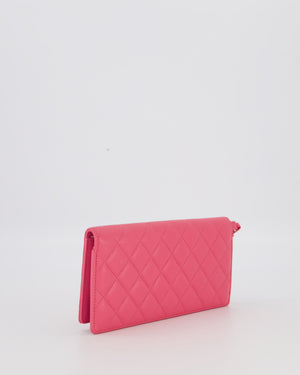 Chanel Hot Pink Long Wallet In Caviar Leather with Champagne Gold Hardware with Wristlet Detail