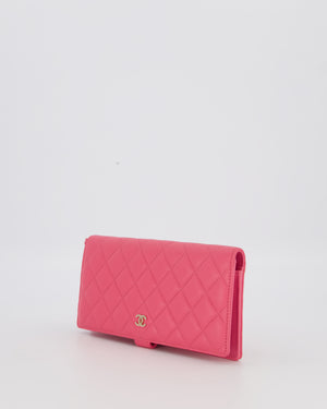 Chanel Hot Pink Long Wallet In Caviar Leather with Champagne Gold Hardware with Wristlet Detail