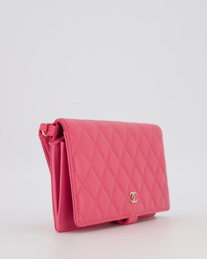 Chanel Hot Pink Long Wallet In Caviar Leather with Champagne Gold Hardware with Wristlet Detail