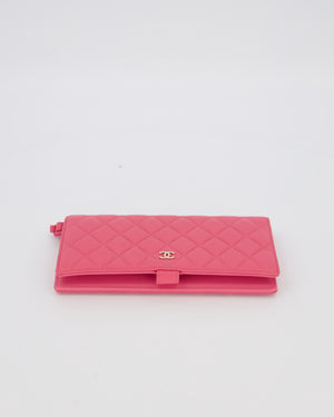 Chanel Hot Pink Long Wallet In Caviar Leather with Champagne Gold Hardware with Wristlet Detail