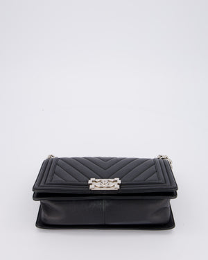 Chanel Black Medium Chevron Stitch Boy Bag in Calfskin Leather with Silver Hardware