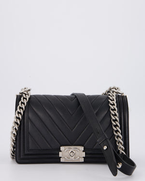 Chanel Black Medium Chevron Stitch Boy Bag in Calfskin Leather with Silver Hardware