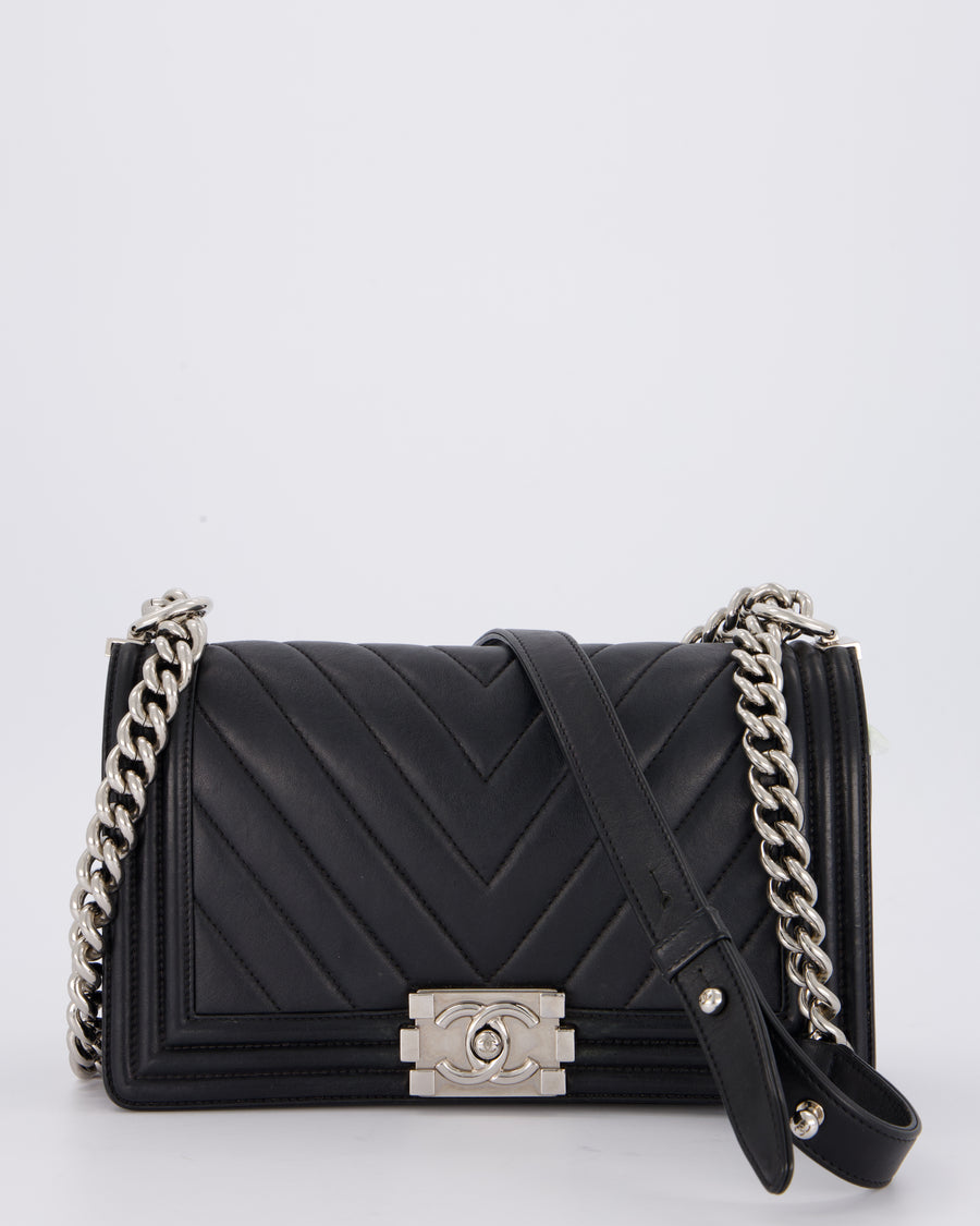 Chanel Black Medium Chevron Stitch Boy Bag in Calfskin Leather with Silver Hardware