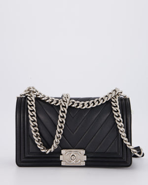 Chanel Black Medium Chevron Stitch Boy Bag in Calfskin Leather with Silver Hardware