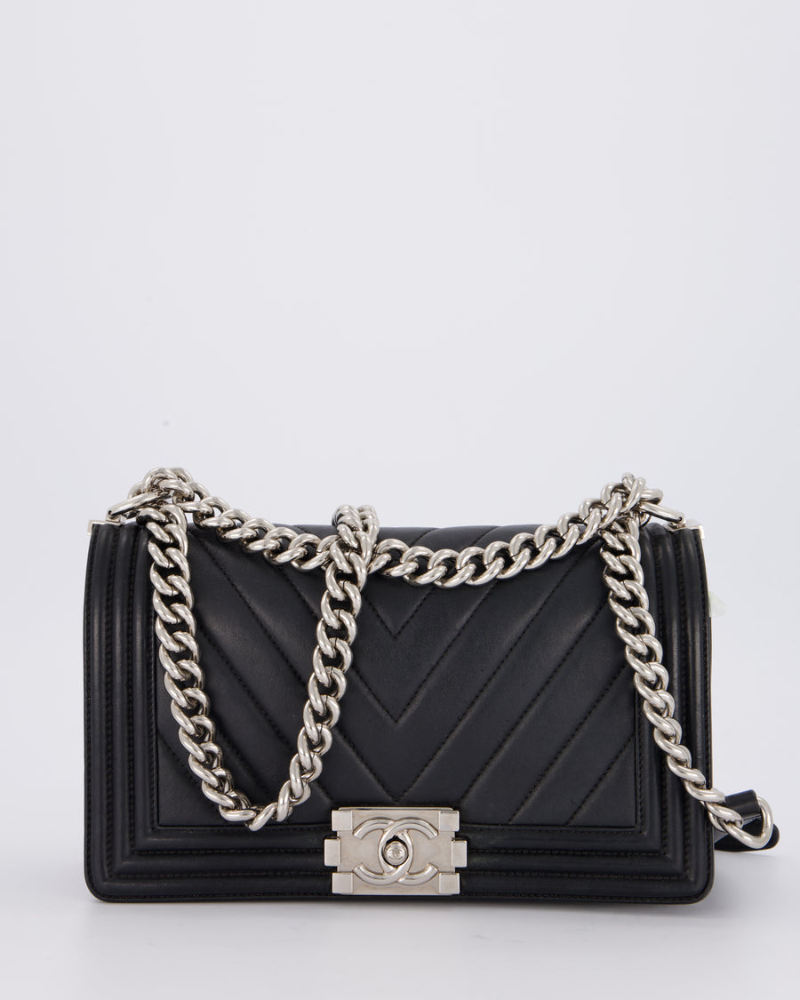 Chanel Black Medium Chevron Stitch Boy Bag in Calfskin Leather with Silver Hardware