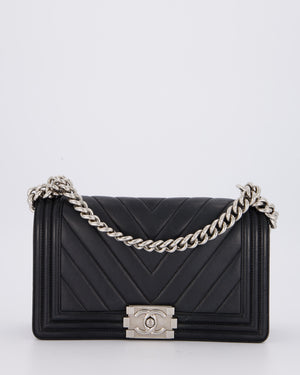 Chanel Black Medium Chevron Stitch Boy Bag in Calfskin Leather with Silver Hardware