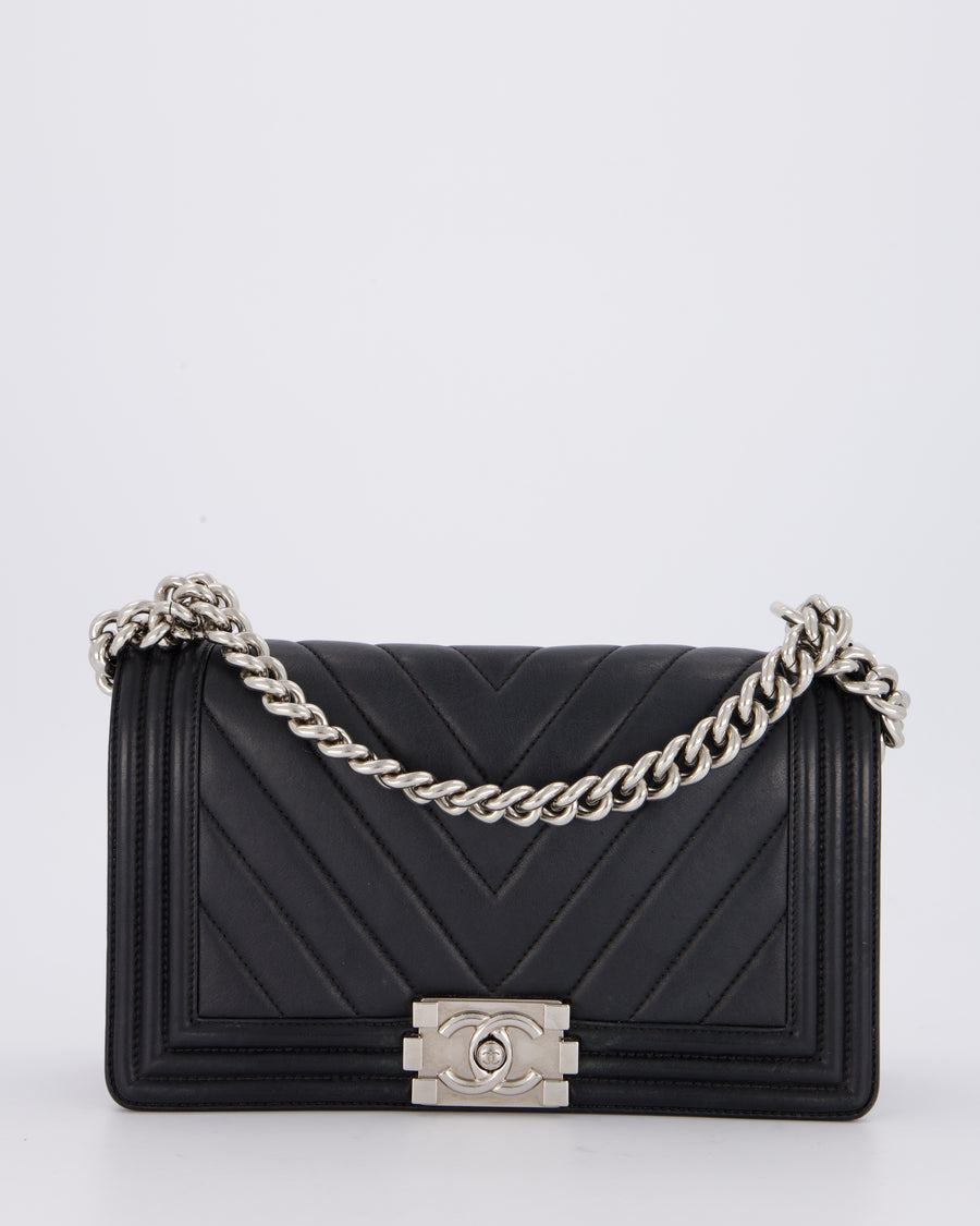 Chanel Black Medium Chevron Stitch Boy Bag in Calfskin Leather with Silver Hardware