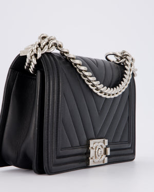 Chanel Black Medium Chevron Stitch Boy Bag in Calfskin Leather with Silver Hardware