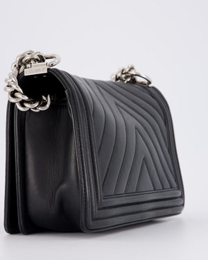 Chanel Black Medium Chevron Stitch Boy Bag in Calfskin Leather with Silver Hardware