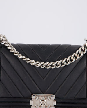 Chanel Black Medium Chevron Stitch Boy Bag in Calfskin Leather with Silver Hardware