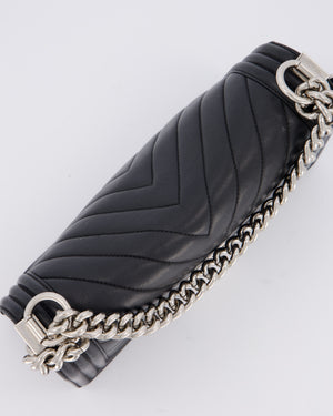Chanel Black Medium Chevron Stitch Boy Bag in Calfskin Leather with Silver Hardware